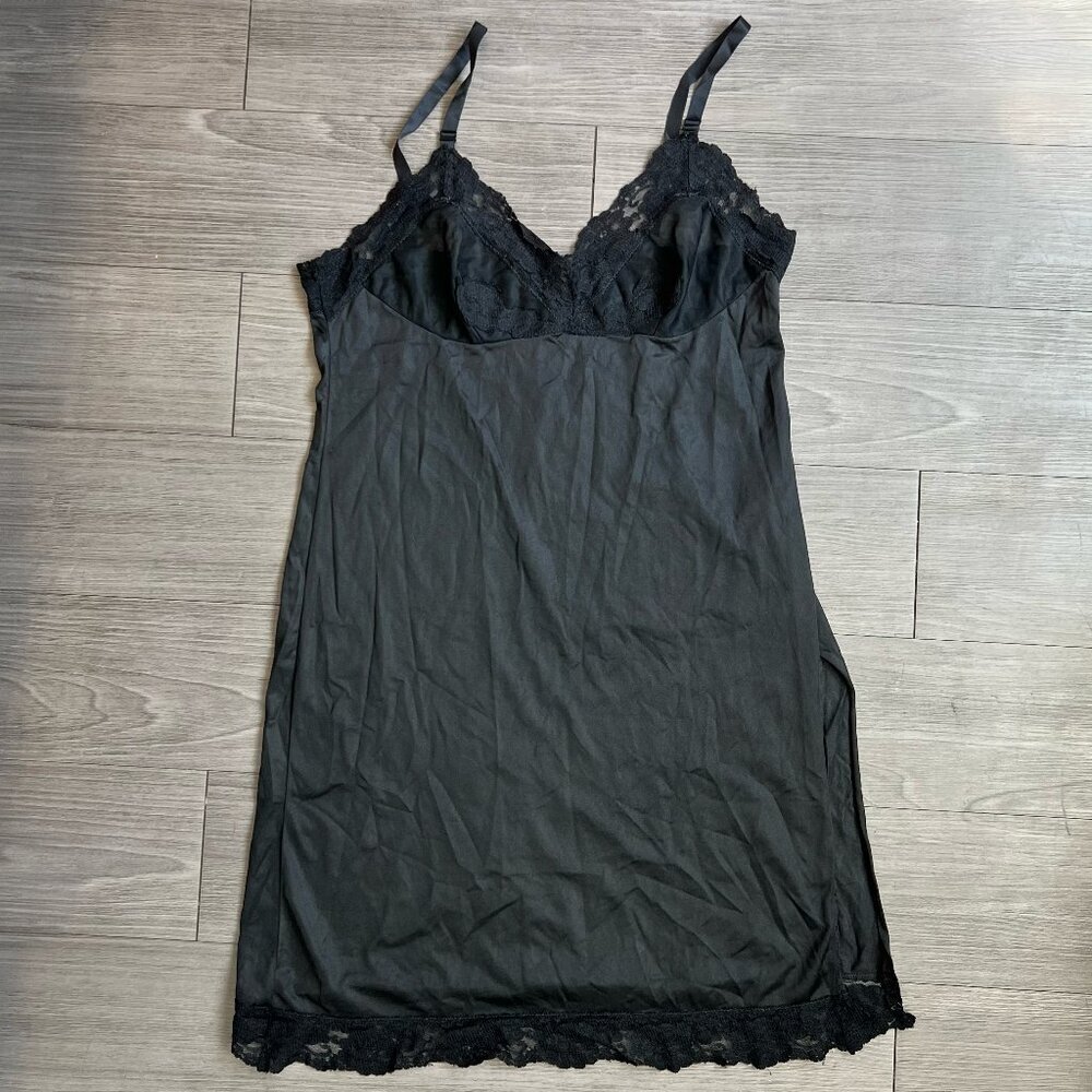 Vtg 70s Black Slip Dress Nylon Lace Adjustable Strap Sheer Union Made Size L